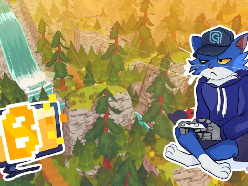 Gato azul con gorra y sudadera azul, jugando videojuegos en medio de un paisaje montañoso con cascada. Parece que prefiere un corto paseo virtual.