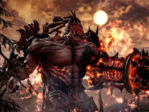 Un demonio de fuego con armadura oscura y un sol naranja en el cielo. ¡Perfecto para tus juegos gratis Steam!
