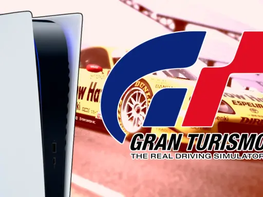 Consola PS5 junto a un coche de carreras amarillo con el logo de Gran Turismo 8.