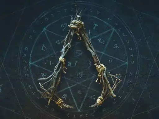 Símbolo de **assassins creed hexe** hecho de ramas, colgado sobre un círculo con runas y símbolos arcanos.