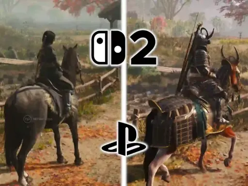 Dos escenas de Assassin's Creed Shadows PS5: un personaje a caballo en un entorno rural, comparando gráficos.