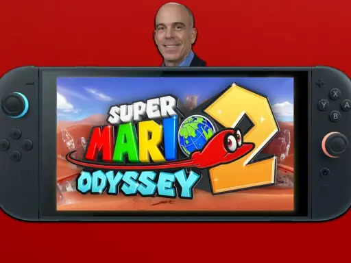 Un hombre sonríe sobre una Nintendo Switch que muestra el logo de Super Mario Odyssey 2, con Cappy y un planeta Tierra.