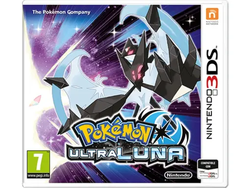 Caja del juego Pokémon Ultraluna para Nintendo 3DS, con Necrozma y Lunala en un fondo estrellado. ¡Una aventura épica te espera!