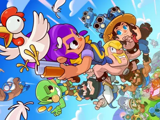 Un grupo diverso de personajes de Squad Busters, incluyendo una gallina, luchan en el aire contra un fondo azul con nubes.