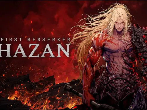 Khazan, el primer berserker, con su armadura demoníaca y cuerpo marcado por la batalla, emerge de un paisaje infernal.