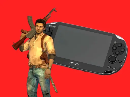 Nathan Drake con su rifle y una PS Vita, ideal para los mejores juegos PS Vita.