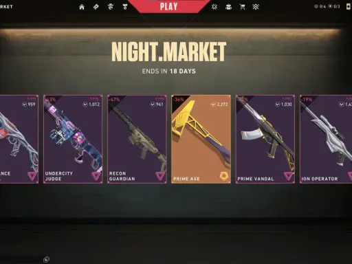 Ofertas exclusivas en el mercado nocturno de Valorant: skins de armas como Gaia's Vengeance Vandal, Prime Axe y Ion Operator.