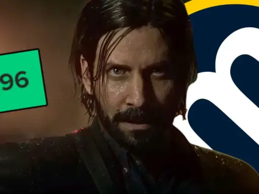 Alan Wake 2 análisis: el personaje principal con una puntuación de 96 en un recuadro verde y un logo de "m" al lado.