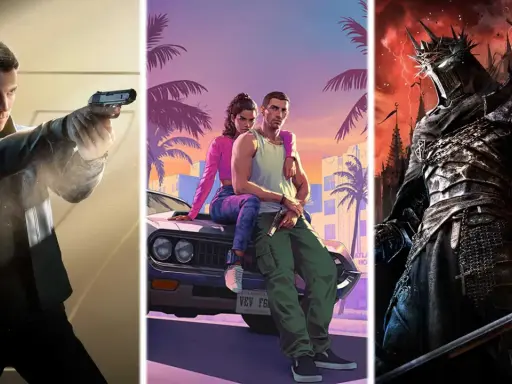Un hombre con pistola, una pareja en un coche retro y un caballero oscuro. ¡Los próximos lanzamientos de videojuegos prometen acción y fantasía!