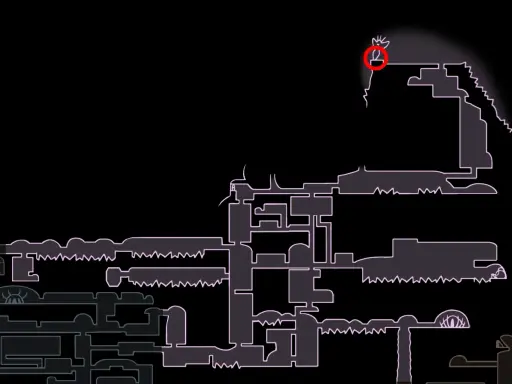 Mapa de Hollow Knight con un círculo rojo marcando la ubicación de un mineral pálido.