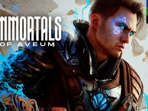 El protagonista de Immortals of Aveum, con ojos azules brillantes y armadura, se prepara para la batalla.