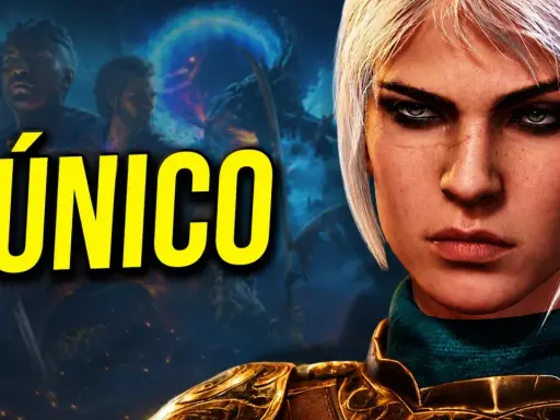 Primer plano de una mujer con cabello rubio platino y armadura dorada, con el texto "ÚNICO" y personajes de Baldur's Gate III al fondo.