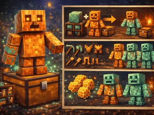 Un golem de cobre, con ojos brillantes, se alza sobre un cofre. En paneles adyacentes, se muestra su creación, herramientas y su evolución a un golem oxidado.