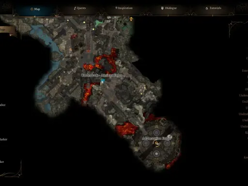 Mapa del juego Baldur's Gate 3, mostrando la zona de la Forja Adamantina en el Underdark.
