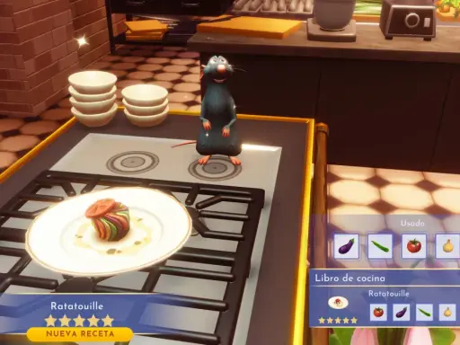 Remy prepara ratatouille en Dreamlight Valley. El libro de cocina muestra los ingredientes para esta y otras recetas.
