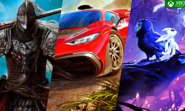 Montaje de tres juegos de Xbox: guerrero con armadura, coche deportivo rojo y personajes de Ori.