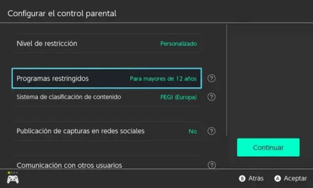 Configuración de control parental en Nintendo Switch. Se muestra la opción "Programas restringidos" con la selección "Para mayores de 12 años".