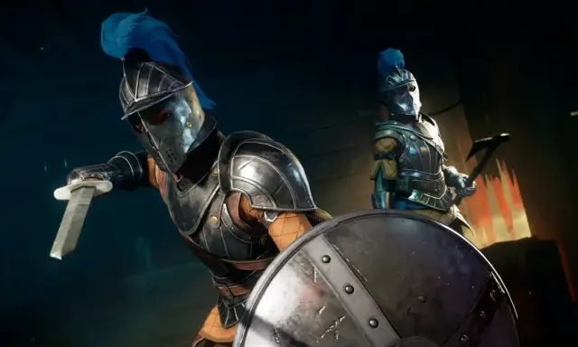 Dos guerreros con armadura y plumas azules, listos para la batalla. Sus armas y escudos sugieren que están construyendo un nuevo mundo.