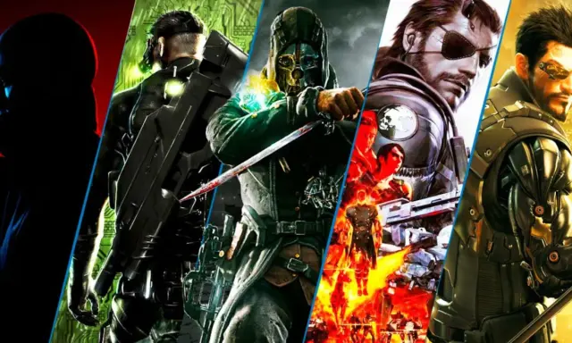 Personajes icónicos de los mejores juegos de sigilo: Hitman, Deus Ex, Metal Gear Solid y Dishonored.