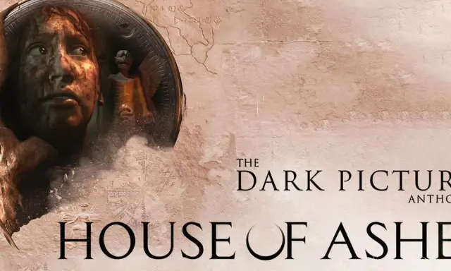 El rostro de una joven en un medallón, con una figura alada al fondo. El título "House of Ashes" y "The Dark Pictures Anthology" se superponen.