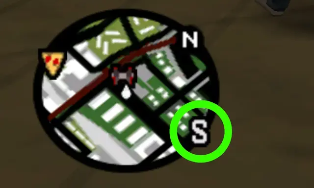 Mini-map de GTA San Andreas con un icono de pizza y la letra "S" rodeada de verde. ¡Listo para nuevas misiones!