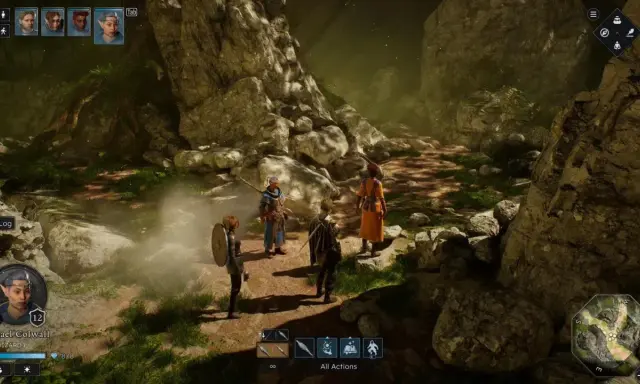 Grupo de aventureros en un entorno rocoso, típico de juegos estrategia PS4.