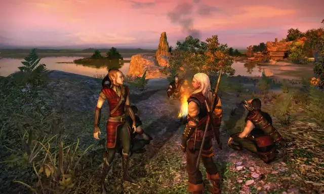Elfos y Geralt junto a una hoguera, anticipando el **the witcher remake**. Atardecer en un paisaje idílico.
