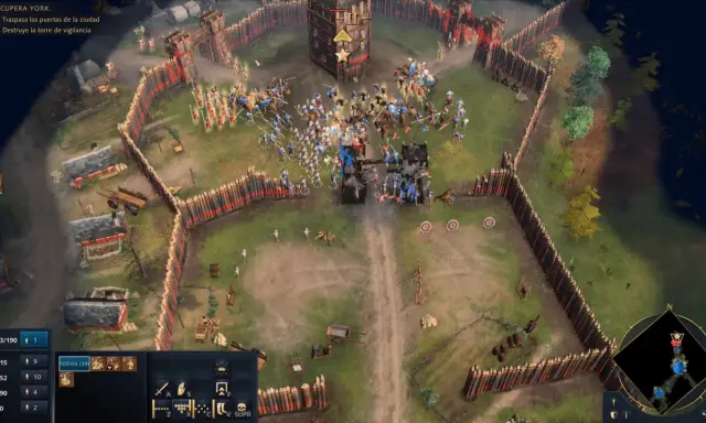 Batalla en Age of Empires 4. Tropas asaltan una fortaleza amurallada, con arqueros y lanceros en combate.