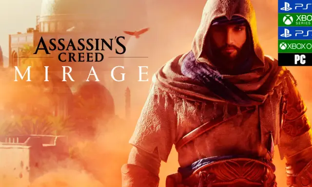 Un asesino con capucha en Assassin's Creed Mirage, con el título del juego y los logos de las plataformas.