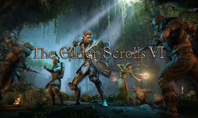 El logo de The Elder Scrolls VI aparece sobre una escena de batalla con guerreros, un oso y un lobo en un entorno selvático.