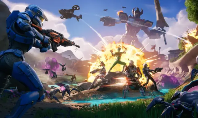 ¡La **temporada 4 de Fortnite** estalla con acción! Un mecha gigante, héroes luchando contra alienígenas y explosiones por doquier.