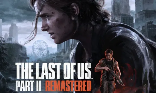Ellie y Abby en un paisaje urbano desolado, con el título "The Last of Us Part II Remastered".