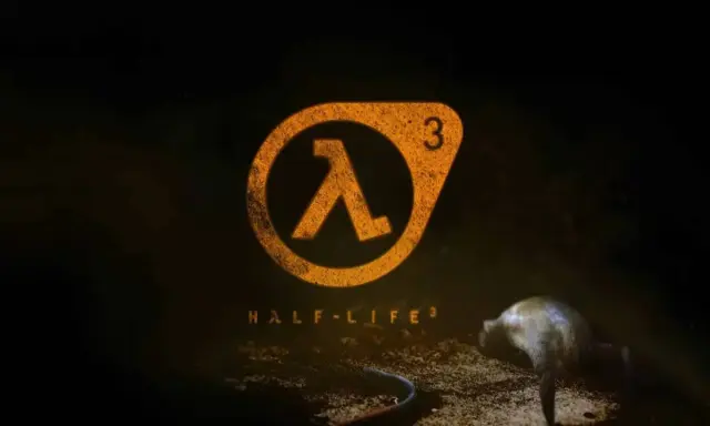 El logo de Half-Life 3, con el símbolo lambda naranja y el número 3, sobre un fondo oscuro. Una criatura yace en el suelo.