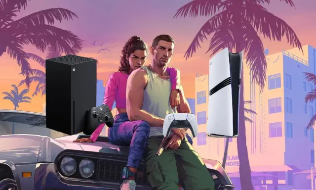 Pareja en un coche clásico, con consolas Xbox Series X y PS5, esperando la fecha de lanzamiento de GTA 6.