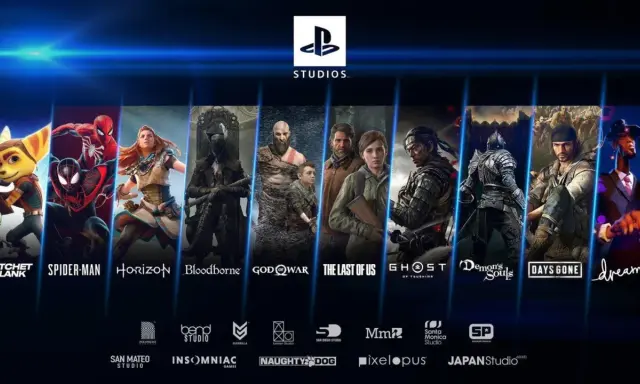 Personajes icónicos de juegos exclusivos PS5: Ratchet, Spider-Man, Aloy, cazador de Bloodborne, Kratos, Ellie, Jin Sakai, caballero de Demon's Souls, Deacon St. John y un músico de Dreams.
