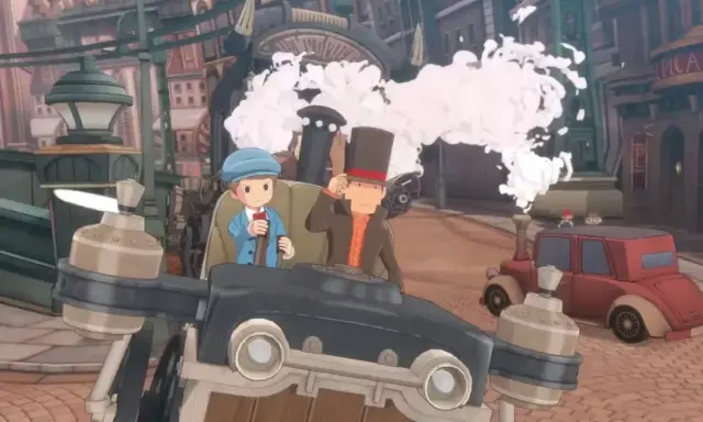 El Profesor Layton y Luke exploran el nuevo mundo a vapor en un vehículo peculiar.