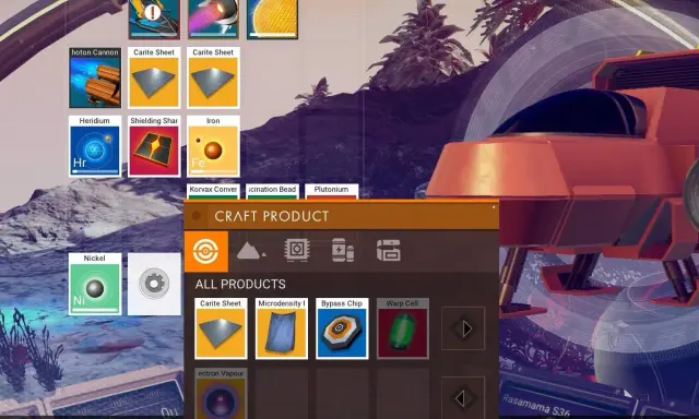 Interfaz de crafteo en No Man's Sky. Muestra recursos como Heridium, Hierro y Níquel, y productos como Lámina de Carita y Célula de Curva.