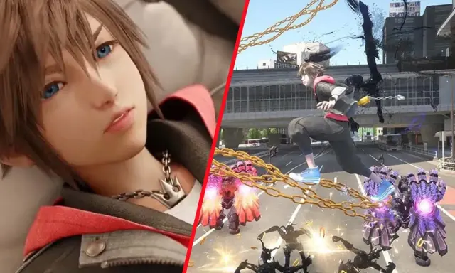 Sora en acción en Kingdom Hearts IV, luchando contra enemigos en una ciudad.
