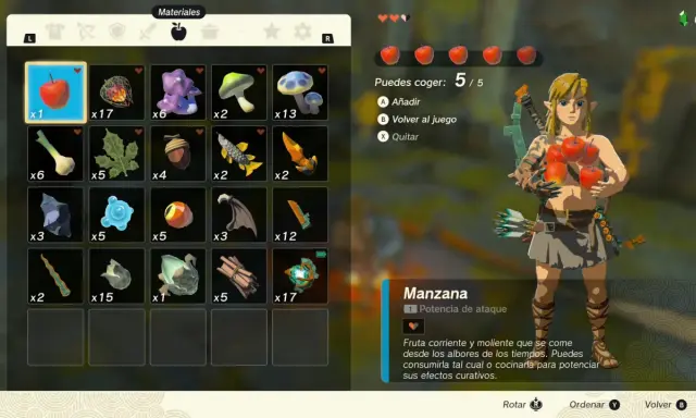 Link recolecta manzanas, un ingrediente clave para recetas en Zelda Tears of the Kingdom.