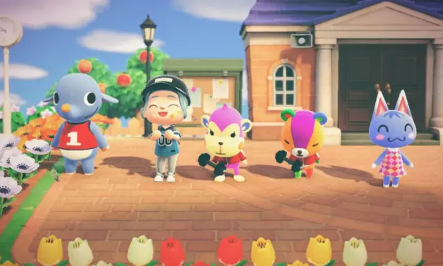 Personaje de Animal Crossing con sus mejores vecinos: un cordero, dos monos y un oso, todos listos para entrenar.