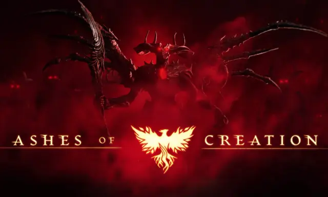 Un demonio alado con ojos rojos y una horda de criaturas sombrías acechan en la oscuridad, bajo el título "Ashes of Creation".