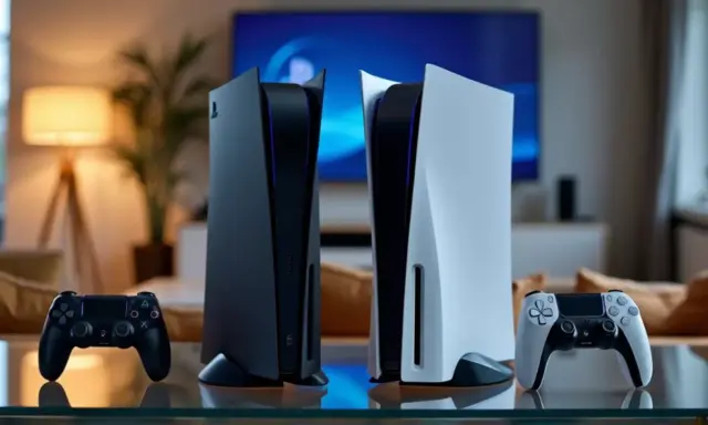 Dos consolas PlayStation 5, una negra y otra blanca, junto a sus mandos. Los juegos de PS4 son compatibles con PS5, ¡disfruta de tu biblioteca!