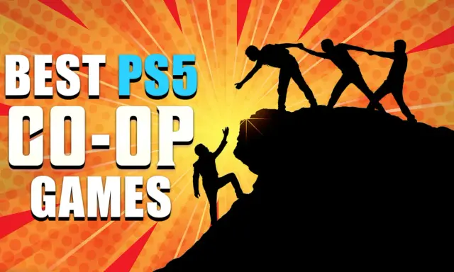 Siluetas de personas escalando una montaña, ayudándose mutuamente. El texto dice "BEST PS5 CO-OP GAMES", destacando la importancia de la cooperación en los juegos.
