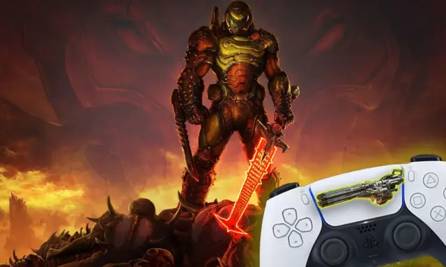 El Doom Slayer, listo para la acción, junto a un mando de PS5. ¡La experiencia definitiva de los mejores shooters PS5!