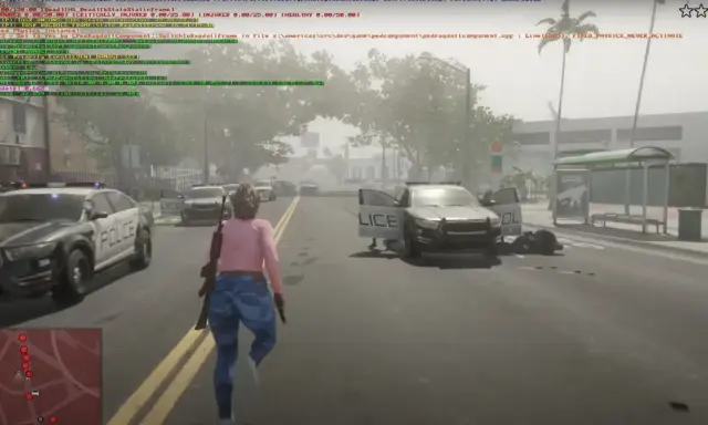 Una mujer corre por la calle con dos coches de policía. El juego parece ser GTA 6 PC.