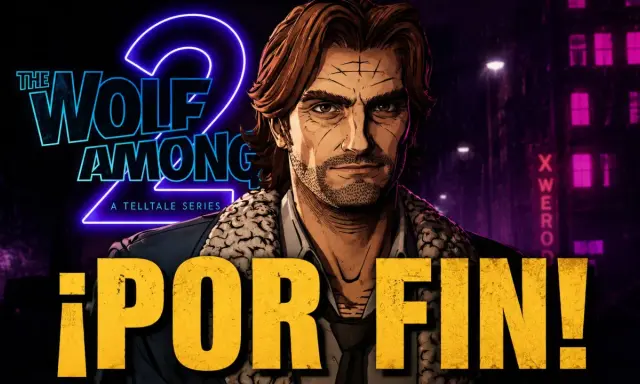 Bigby Wolf regresa en The Wolf Among Us 2. El logo de Telltale Series brilla con neón sobre un fondo urbano nocturno.