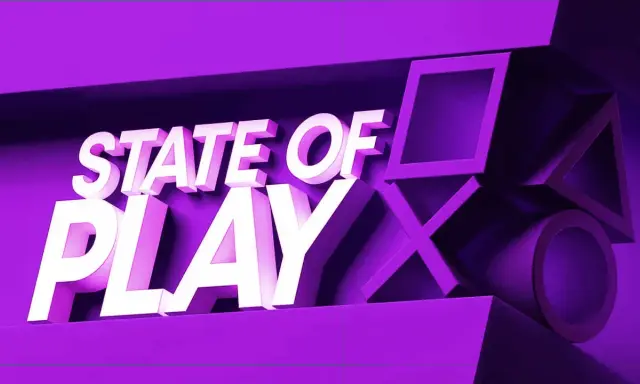 El logo "State of Play" en blanco sobre un fondo morado, con los símbolos de PlayStation.