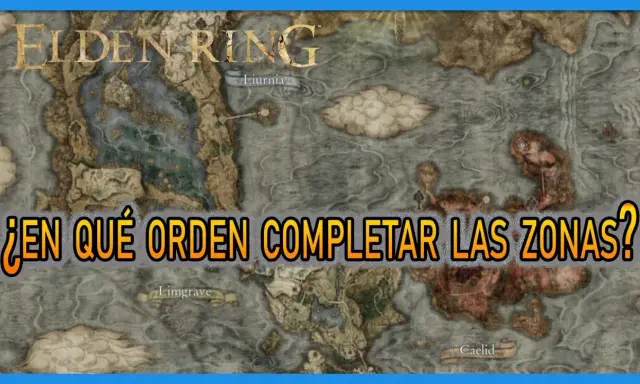 Mapa de Elden Ring con la pregunta "¿En qué orden completar las zonas?". Muestra Limgrave, Liurnia y Caelid.