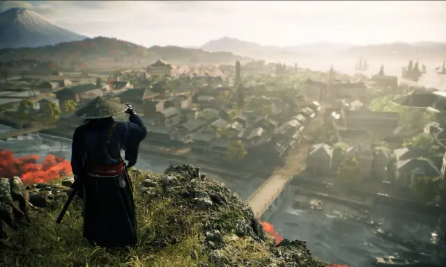 Un samurái observa un pueblo costero con el Monte Fuji al fondo. El **rise of the ronin** se cierne sobre este paisaje.