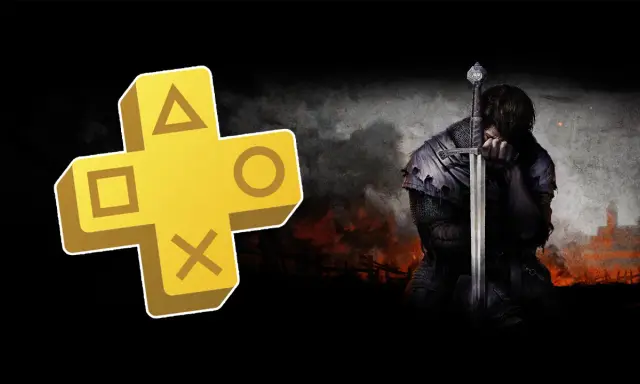 El logo de PS Plus de abril junto a un guerrero medieval con su espada.